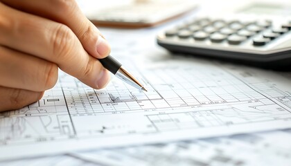Close-up photo of a civil engineer's hand holding a pen, working on blueprints with a calculator, emphasizing sustainable construction in a professional setting