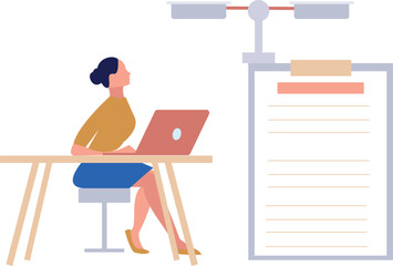 The girl is looking at the document.