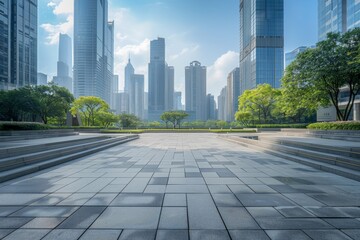 Fototapeta premium Modern plaza with minimalist architecture and a vibrant city in the background 