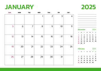 January 2025 Calendar. Week start on Sunday. Desk calendar 2025 design, simple and clean design, Wall calendar for print, digital calendar, Corporate design planner template vector.