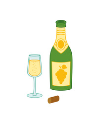Champagne. Glass and bottle of champagne. Cartoon, vector.