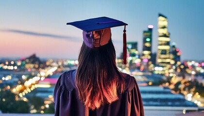 Young academic in cap and gown, back to the viewer, gazing at a neonlit urban skyline, symbolizing hope and aspirations