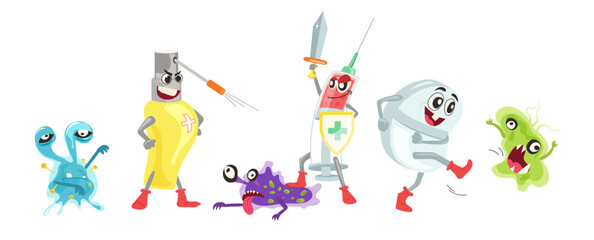 Superhero medicines cartoon characters struggled against viruses and bacteria vector illustration
