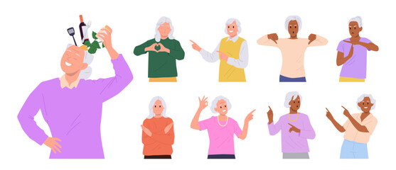 Elderly woman cartoon characters with different emotion and gesture vector illustration isolated set