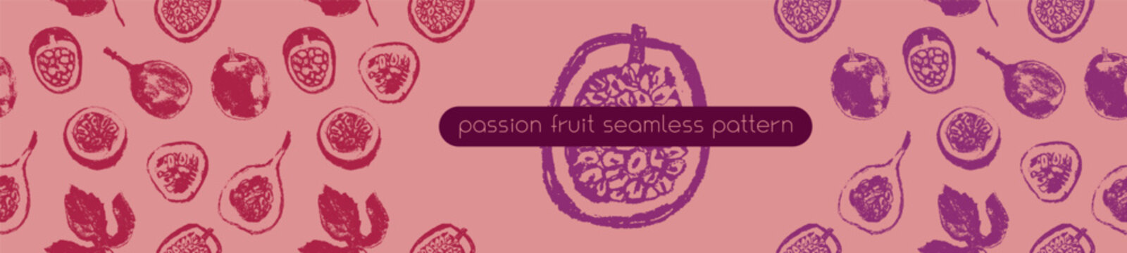 Vector passion fruit background for cosmetic label, fruits puree, juice packaging. Tropical banner template with hand drawn granadilla pattern,  passion fruit seamless pattern. Exotic fruits concept.