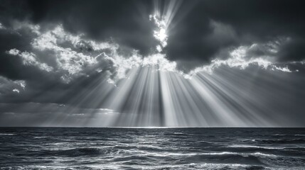 Background with crepuscular rays shing through clouds over ocean, AI-generative