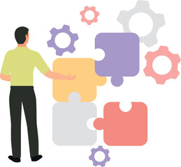 Boy pointing to solve problem by puzzle pieces.