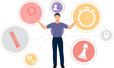 The boy is standing showing different soft skills.