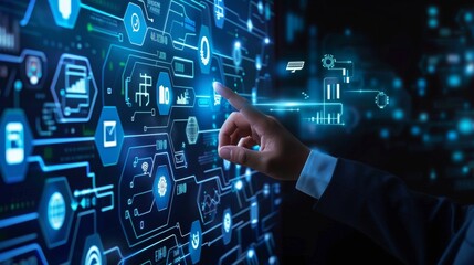 Man touching virtual screen of digital transformation wordings and icons, business technology