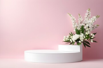 a white podium on a pastel pink background with flowers. minimalist style. generative ai