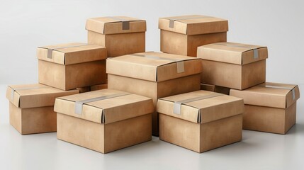 Fototapeta premium Cardboard boxes, isolated, stacked on top of one another on a light background