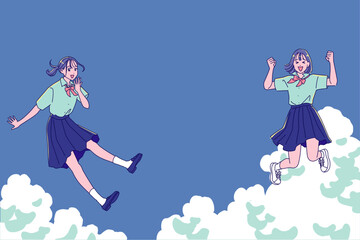 夏空に元気にジャンプする女子高生