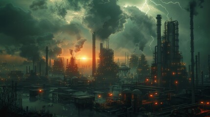 Obraz premium Industrial landscape with dark sky, fierce storm, and lightning highlighting pollution and environmental impact of factories during sunset.