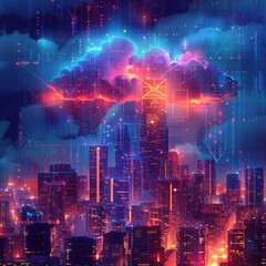 Obraz premium An abstract cityscape with a digital clouds network icon integrated into the architecture.