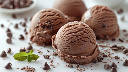 Chocolate ice cream beautifully presented on a white isolated background