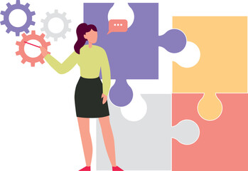 The girl is pointing at the puzzle problem.