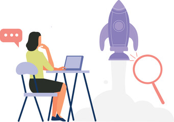 The girl is using a laptop to launch a rocket.