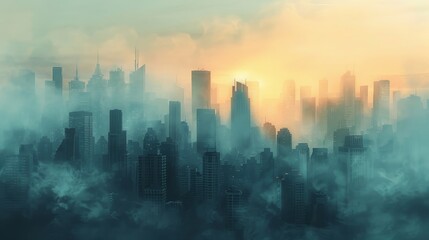 Fototapeta premium A city skyline is shown in the fog with the sun setting in the background