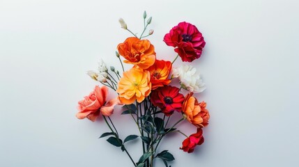 Obraz premium Beautiful bouquet of flowers on white background, top view, flat lay with copy space for travel, fashion, beauty and art concepts