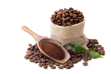 Obraz premium a bag of coffee beans with a scoop of coffee powder on white background.