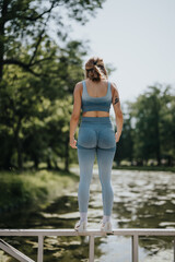 Back view of a woman in blue sportswear standing on a railing at a park, looking over a serene pond.