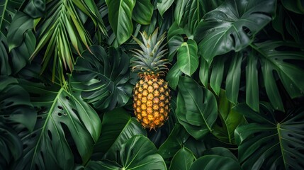 Obraz premium Pineapple on a background of green leaves.