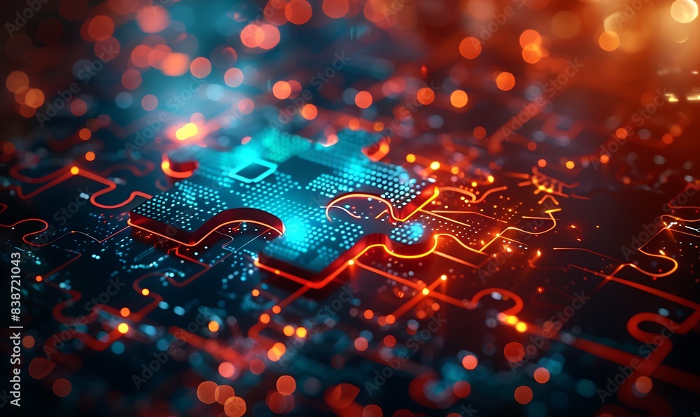 Leinwandbilder detailed puzzle piece connecting within a futuristic digital network, showcasing vibrant colors, glo