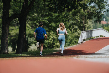 A couple enjoying a morning jog together in a park. They are running on a red track surrounded by...