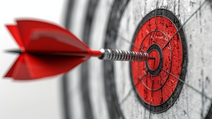Red target for archery and an arrow stuck into it on a white background
