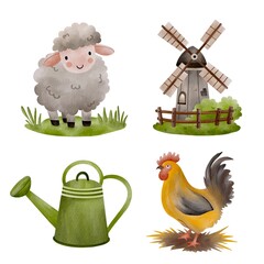 Watercolor illustration set of rural, village items, animals, buildings. Cow, rooster, flowers, wheat, mill, windmill, sheep, tractor