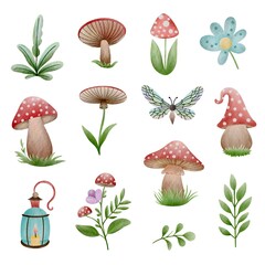 Set of watercolor elements with gnomes, mushrooms and plants.