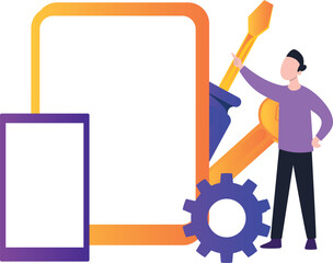 A boy is pointing at the settings on tablet.