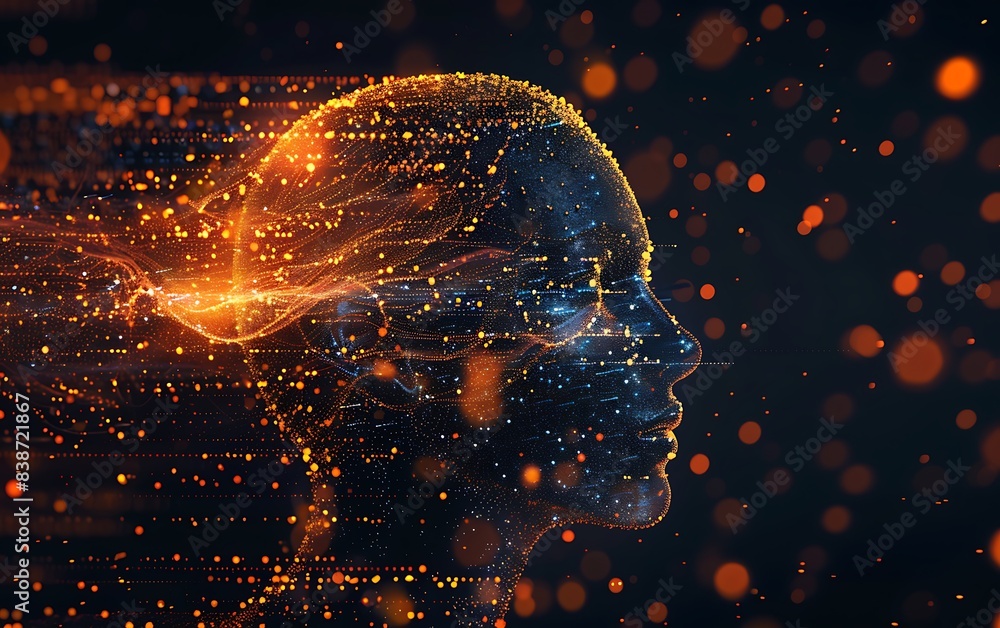 Aufkleber Dynamic photo of an illuminated human head profile with neural connections and data points, set against a futuristic interface with algorithmic patterns, highlighting AI learning