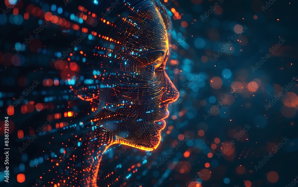 Aufkleber Dynamic photo of an illuminated human head profile with neural connections and data points, set against a futuristic interface with algorithmic patterns, highlighting AI learning