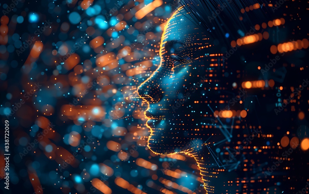 Aufkleber Dynamic photo of an illuminated human head profile with neural connections and data points, set against a futuristic interface with algorithmic patterns, highlighting AI learning
