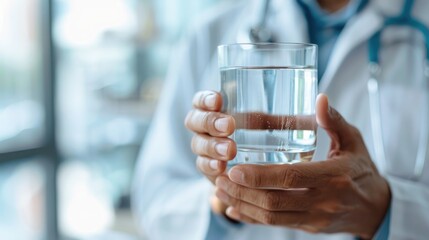 A doctor holding a glass of water, emphasizing hydration and health. Medical professional promoting wellness and healthy living.