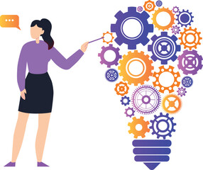 The female pointing to cogwheel idea settings.