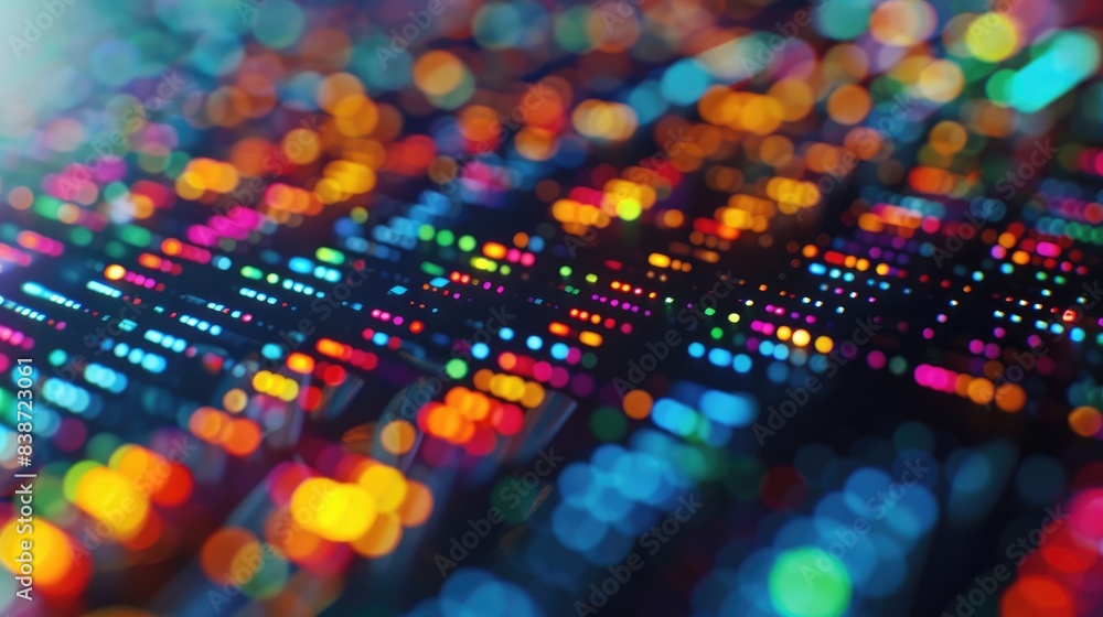 Poster colorful abstract digital matrix with vibrant neon light dots, symbolizing modern technology and dat