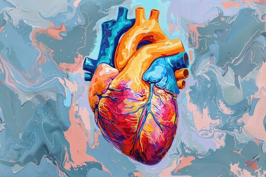Vibrant, artistic representation of the human heart, showcasing vivid colors and abstract background elements in a creative portrayal.