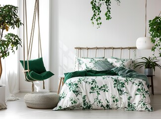A bright, airy bedroom with white walls and green floral bedding on the bed, complemented in the style of an emerald armchair beside it