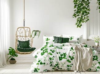 A bright, airy bedroom with white walls and green floral bedding on the bed, complemented in the style of an emerald armchair beside it