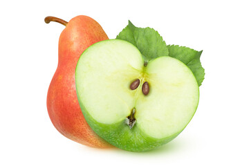 Pear and green apple on isolated white background.