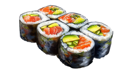Set of Fresh Sushi Roll with Avocado and Salmon, Cut Out Isolated on Transparent Background