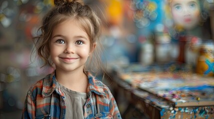 Fototapeta premium Smiling children engaging in creative painting activities with vibrant colors, showcasing their joy and artistic expression in a playful setting..