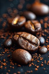 Macro shot of roasted coffee beans, showcasing their texture and rich brown color, ideal for coffee lovers and baristas..