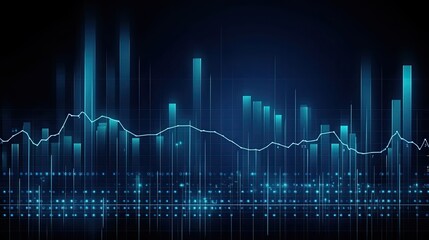 A collection of futuristic financial data visualization charts with glowing blue lines and bars on a dark background, highlighting trends and analytics..