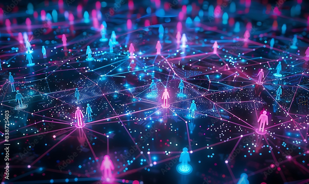Poster high-resolution photo of a futuristic digital network for customer segmentation, featuring glowing n