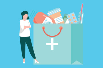 The girl is standing next to the medicine bag.