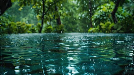 Fototapeta premium Raindrops create ripples on a tranquil forest pond, surrounded by lush green foliage and trees..