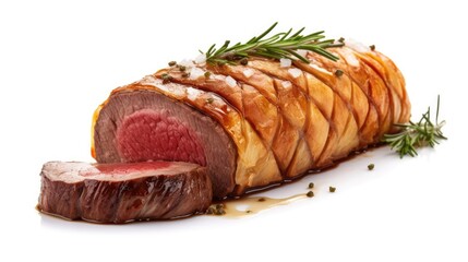 A roast beef with a few ingredients including a few pieces of meat Isolated on white background